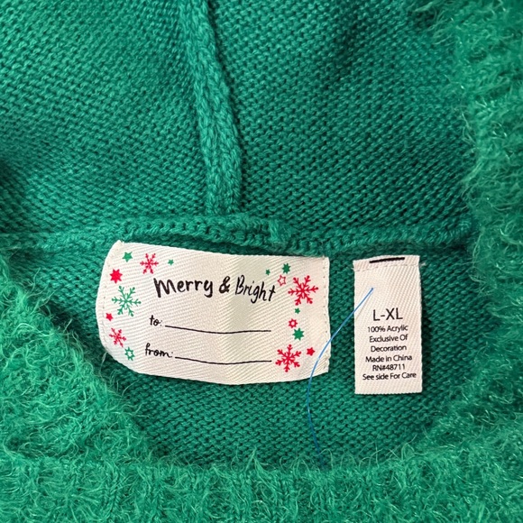 Festive Green Christmas Tree Hooded Sweater/Trimmed with Tinsel & Poms - Picture 2 of 8